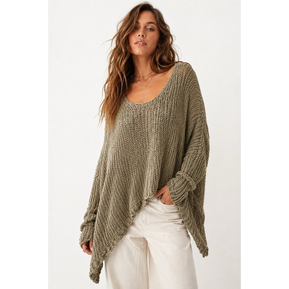 Free People Olive Green Open Knit Oversized Asymmetrical Boho Sweater Size M